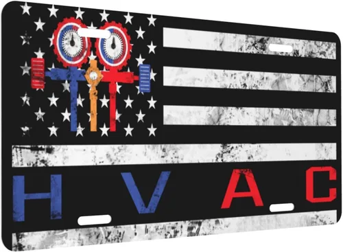 Vista 2 de Placa de matrícula de aluminio frontal personalizada vintage con bandera estadounidense de Técnico HVAC, adecuada para jugar al aire libre, 6 x 12