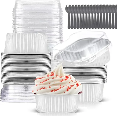 Vista 9 de Findful - Juego de 40 moldes cuadrados de papel de aluminio para cupcakes de 10 oz con tapas, moldes para brownies, moldes desechables grandes