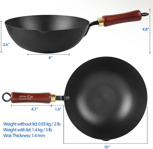 Vista 2 de Souped Up Recipes Wok de acero al carbono de 10 pulgadas para estufas eléctricas, de inducción y de gas (tapa y video de guía de usuario incluido)