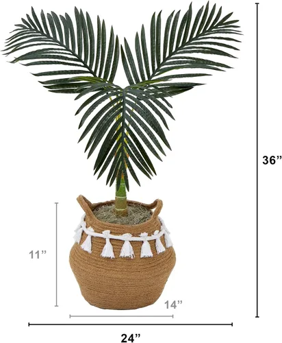 Vista 2 de Nearly Natural Palmera artificial de caña dorada de 3 pies con cesta de yute y algodón hecha a mano con borlas, kit de bricolaje