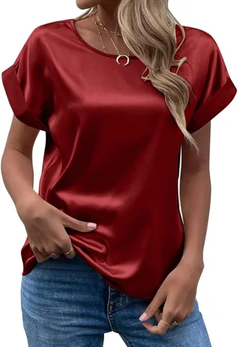 Vista 3 de Hugncmy Spring and Summer Women's Short Sleeved Satin Shirt Loose Casual Round Neck T Shirt Spandex T Shirts