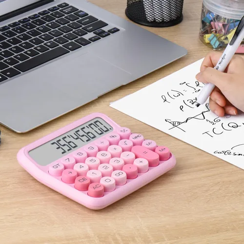 Vista 4 de Interruptor mecánico calculadora rosa de 12 dígitos - Pantalla LCD grande, botones grandes, escritorio, lindo, para uso diario