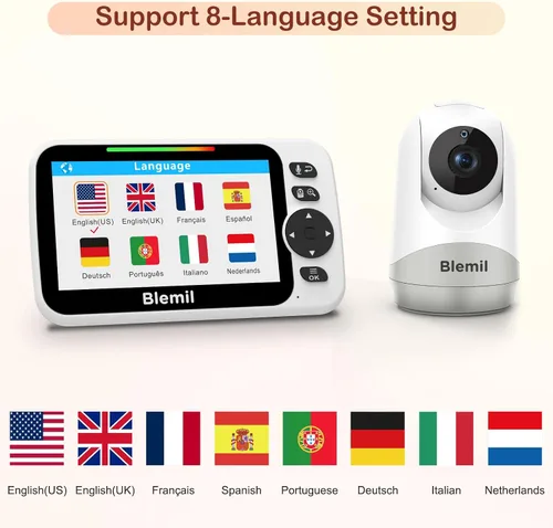 Vista 4 de Blemil - Monitor de bebé con batería de 30 horas, monitor de vídeo para bebé con pantalla grande dividida de 5 pulgadas, con cámara y audio, batería