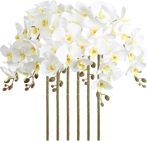 Vista 13 de Orquídeas artificiales de 38 pulgadas, 6 unidades, orquídeas falsas rosas, orquídeas de seda de terciopelo, flores artificiales de tallo largo