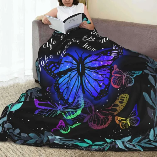 Vista 5 de Manta de cama de franela de forro polar BLUBLU, manta de arrullo ligera y acogedora de felpa con diseño de mariposa, para dormitorio, sala de estar