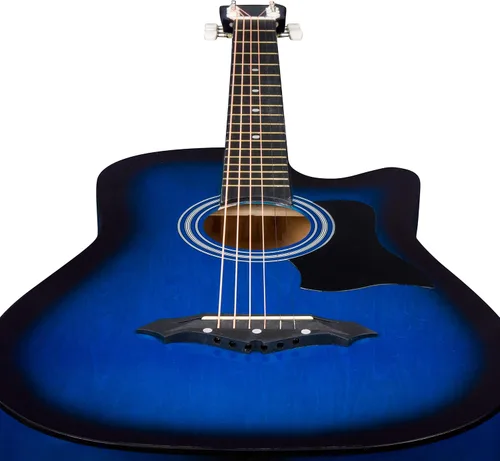 Vista 4 de Joymusic kit de guitarra acústica para principiantes de 38 pulgadas azul brillante, incluye estuche, correa con portapúas, afinador digital, juego