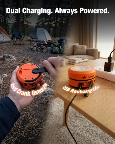 Vista 6 de THORFIRE - Linterna de campamento de manivela de mano, 2 unidades, luz LED plegable 2 en 1 recargable por USB, supervivencia de emergencia por