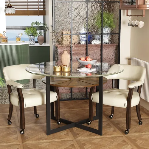 Vista 4 de LEEMTORIG Juego de 2 sillas de comedor con ruedas y brazo, sillas de comedor grandes con ruedas, silla de mesa de póquer de madera maciza, 26