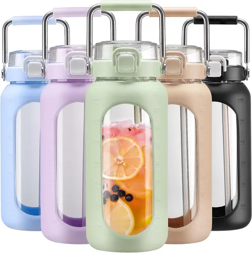 Vista 19 de BLUEGO Botella de agua de vidrio de 64 onzas con mango de acero inoxidable, botella de agua grande con marcadores de tiempo y funda de silicona Ámbar