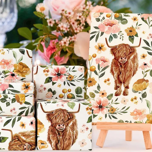 Vista 6 de AnyDesign Papel de regalo de vaca de las tierras altas de las tierras altas, no enrollable, papel de regalo de vaca con flores, plegado plano