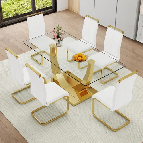 Vista 19 de Juego de Mesa de Comedor Negra para 6, Mesa de Comedor de Mármol Falso de 71" para 6, Juego de Mesa de Cocina Rectangular con Sillas de Cuero PU