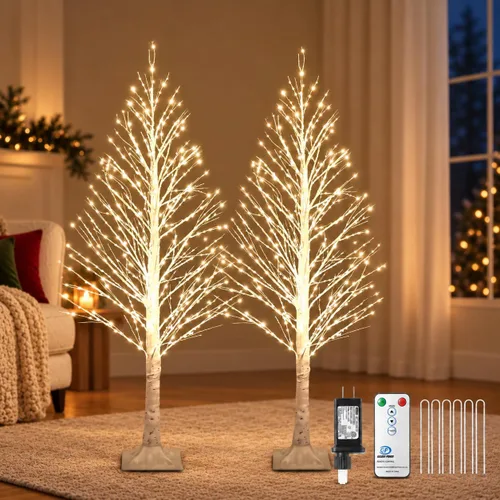 Vista 16 de Árbol de abedul iluminado de 7 pies, 1000 luces LED multicolor con luces parpadeantes, modos parpadeantes o constantes, alambre de alta densidad