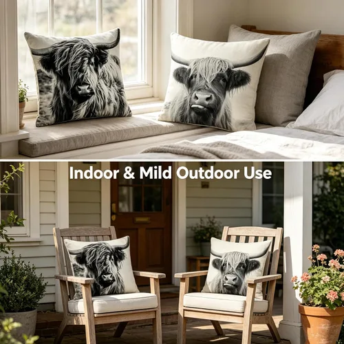 Vista 4 de Juego de 4 fundas de almohada con estampado de vacas de las Tierras Altas, suaves fundas de almohadón decorativas de lino rústico, fundas