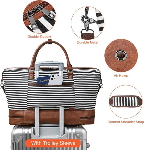 Vista 3 de OPAGE Bolsa de fin de semana para mujer, bolsa de lona con compartimento para zapatos, bolsa de viaje de 3 piezas