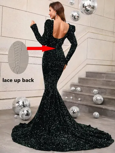 Vista 2 de Dexinyuan Vestidos de fiesta de sirena de manga larga con lentejuelas para mujer 2024 brillante cuello cuadrado elegante vestidos de noche formales