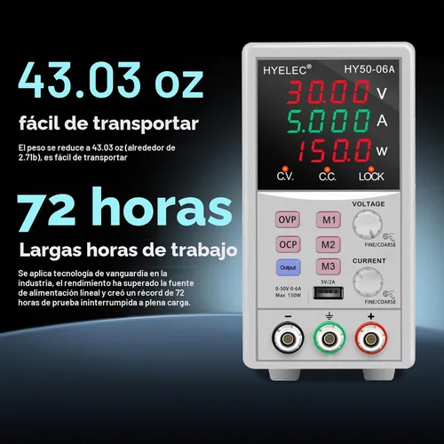 Vista 5 de Fuente de alimentación CC variable, fuente de alimentación de banco regulada de conmutación 0-50V 0-6A máx150W con memoria, pantalla LED de 4