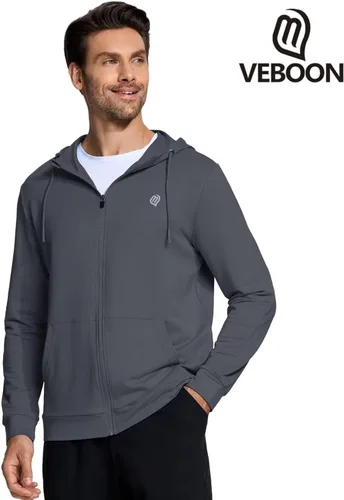 Vista 2 de VEBOON Sudadera básica con capucha y cremallera para hombre, para otoño, lisa, suave, de manga larga, para correr, con bolsillo