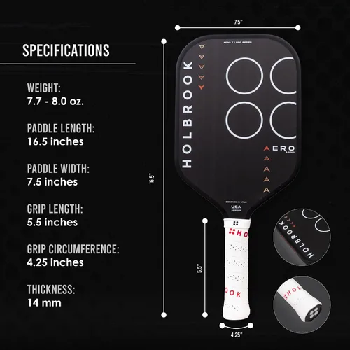 Vista 6 de Holbrook Paleta de pickleball sin bordes de la serie Aero: Aprobado por USAPA, superficie de fibra de carbono, núcleo de polipropileno de espuma