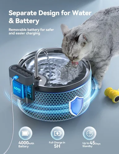 Vista 6 de Fuente de agua inalámbrica para gatos [Separación de agua y batería] FEELNEEDY Fuente para gatos operada por batería de 4000mAh, fuente