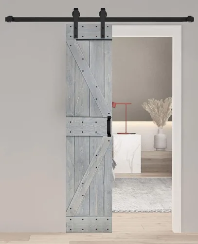 Vista 42 de Serie K. Puerta corredera de granero de madera maciza acabada con kit de herrajes (marrón/nogal, 24 x 84 pulgadas)