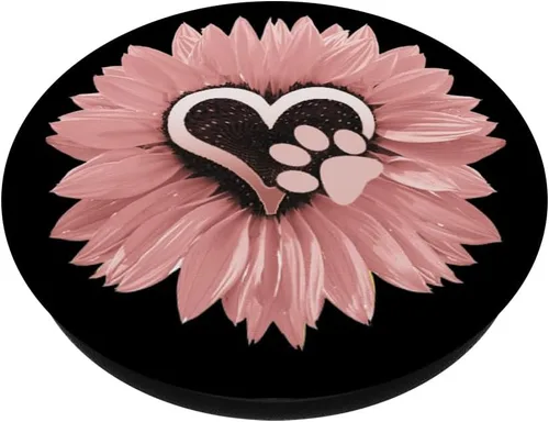 Vista 2 de Girasol y perro con estampado de huellas de flores rosas PopSockets agarre y soporte para teléfonos y tabletas, Negro