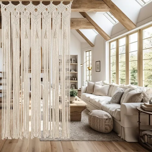 Vista 8 de Cortina bohemia de macramé hecha a mano con borlas, gran macramé para colgar en la pared, divisor de habitación para sala de estar, dormitorio