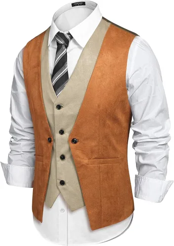 Vista 2 de COOFANDY Chaleco de cuero de ante para hombre, estilo en capas, chaleco de vestir