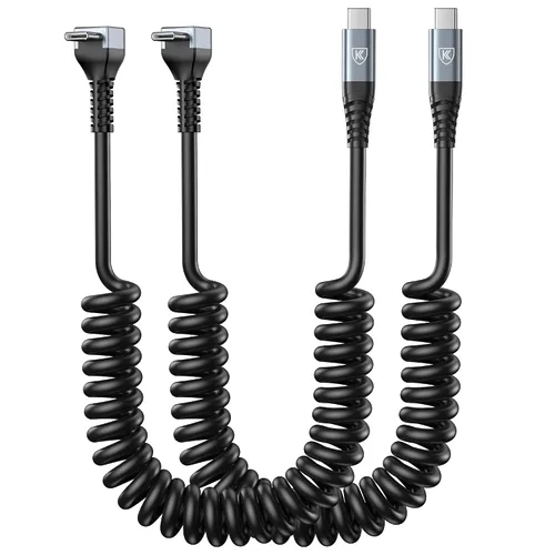 Vista 22 de Cable USB A a USB C de 90 grados, paquete de 2 cables USB tipo C en espiral de 3 pies para automóvil, cable de carga rápida USB-C compatible