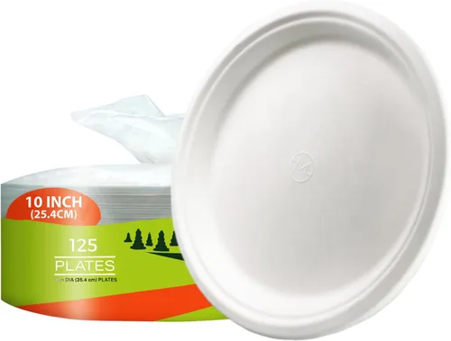 Vista 10 de Platos de papel, 100 % compostables, 10 pulgadas por 0.5 pulgadas de profundidad, plato desechable resistente, certificado (BPI), sin (PFAS)