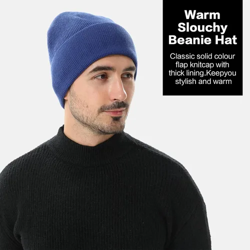 Vista 5 de HH HOFNEN Gorro de invierno para mujeres y hombres, gorro de punto de lana con forro polar con puños