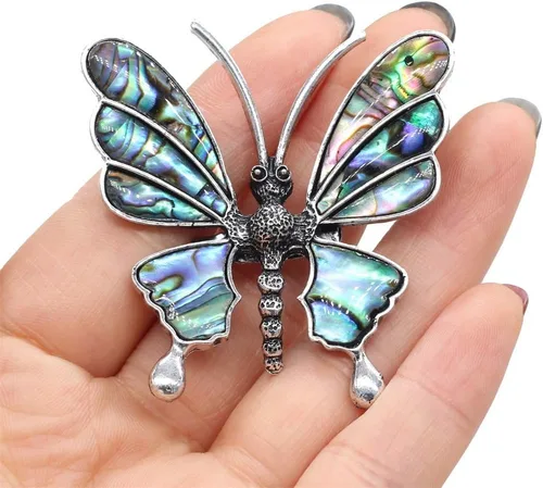 Vista 3 de Colgante y broche de concha de abulón natural, con piedras preciosas de mariposa, concha de abulón, broche de concha para bricolaje, collares