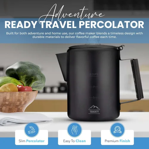 Vista 5 de Cafetera Percoladora Toughty Yosemite – Cafetera Clásica de Estufa para Acampar, Senderismo y Hogar, Olla Duradera de Acero Inoxidable, Compatible