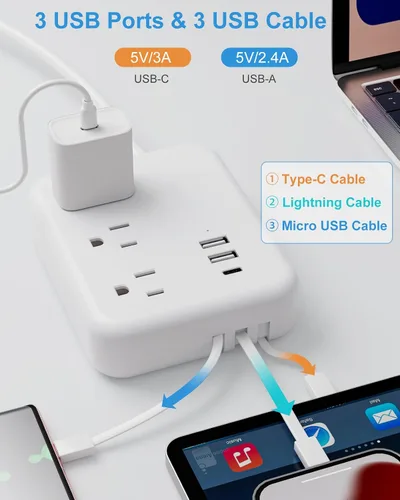 Vista 5 de Regleta de alimentación de viaje con puertos USB, 3 cables integrados, cable de extensión de enchufe plano, 3 tomacorrientes, 6 USB con cable