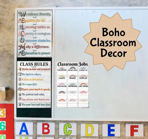 Vista 6 de Gráficos de reglas de trabajo de clase bohemia, bienvenida y clases laminadas de 14 x 19.5 pulgadas, carteles y decoraciones para el aula