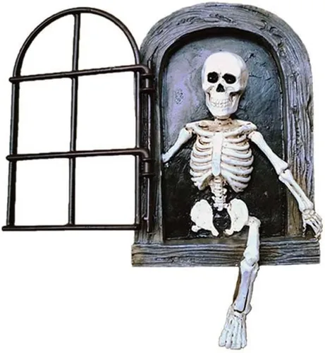 Vista 6 de Esqueleto de Halloween, la puerta, árbol, abrazador, estatua de jardín, cráneo, resina, falta de manos y piernas, escultura de cara de árbol