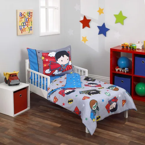 Vista 2 de Warner Brothers Justice League - Juego de ropa de cama infantil de 4 piezas, gris/azul/rojo/negro