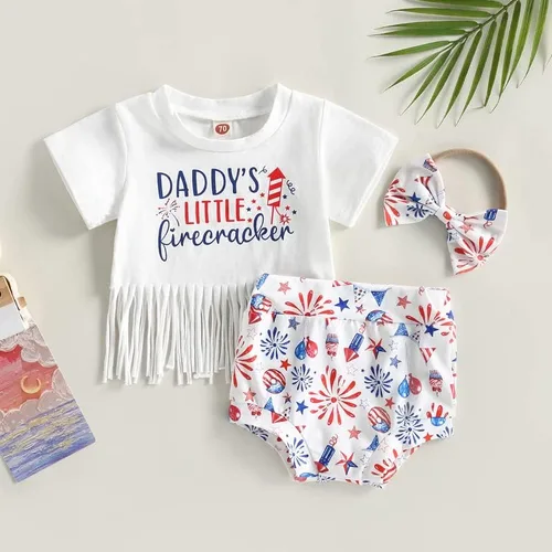 Vista 2 de Conjunto de ropa para bebÃ© niÃ±a del 4 de julio, camisa con flecos, blusa con borlas y diadema corta