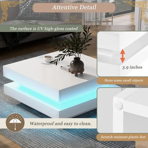 Vista 4 de Mesa de centro cuadrada, moderna mesa de centro blanca de alto brillo con luces LED de 16 colores enchufables, mesa central de 2 niveles para sala