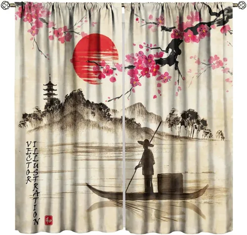 Vista 25 de Cortinas de cerezo, paisaje japonés, árbol de cerezo natural, primavera, dormitorio, sala de estar, ventana, 2 juegos de paneles, 42 x 45 pulgadas