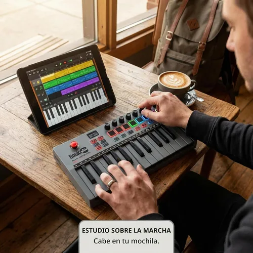 Vista 5 de RockJam RJMK25 Controlador de teclado MIDI USB de 25 teclas con almohadillas de tambor Rechargeable USB MIDI controller with 25 velocity sensitive