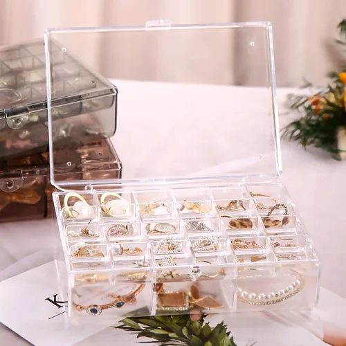 Vista 3 de Lejesth Caja organizadora de joyas de acrílico transparente con 2 cajones y 30 rejillas, pequeña caja de joyería a prueba de polvo para mujeres
