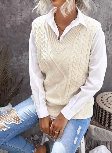 Vista 3 de EVALESS - Chaleco de gran tamaño para mujer, cuello en V, sin mangas, color sólido, suéter suelto