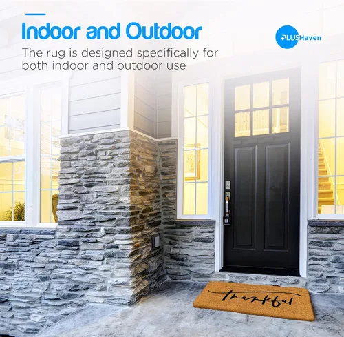 Vista 4 de PLUS Haven Tapete de Fibra de Coco para Puerta de Entrada del Hogar – 17.5" x 30" Tapete de Puerta "Thankful" Resistente
