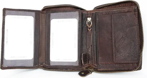 Vista 4 de FLW Cartera grande de piel auténtica engrasada con cremallera y tiburón marrón oscuro, Marrón oscuro, Cartera con cremallera
