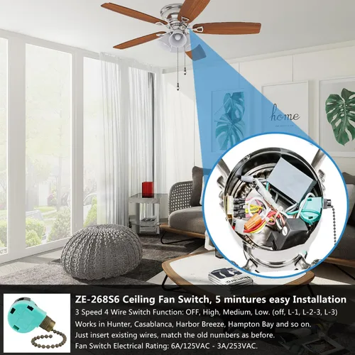 Vista 2 de Zing Ear ZE-268S6 - Interruptor compatible con ventilador de techo Hunter, extensión de cadena de 3 velocidades y 4 alambres, uso para ventiladores