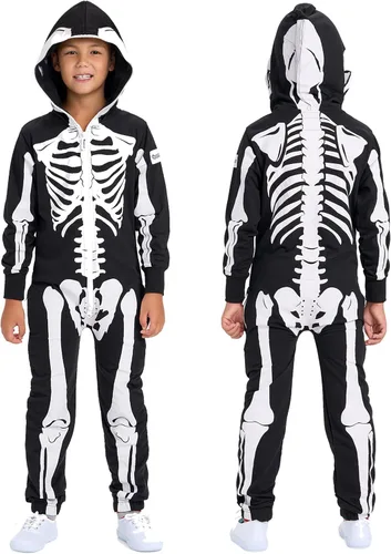 Vista 6 de Tipsy Elves Disfraz de esqueleto de Halloween para niños, overol unisex con Esqueleto iridiscente