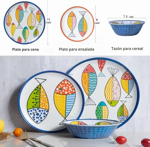 Vista 2 de Juego de vajilla de melamina para 4, 12 platos de pescado y Pez azul