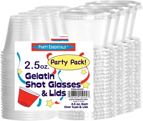 Vista 4 de Party Essentials Vasos desechables de gelatina/chupito de plástico de 2.5 onzas con tapas, 100 unidades, transparente