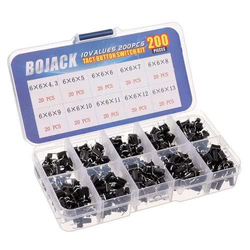 Vista 2 de BOJACK 10 Valores 200 Unids 0.236x0.236 in Interruptores de Botón Táctil 4 Pin Momentario Pulsador Interruptor Surtido Kit