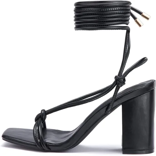 Vista 4 de Elisabet Tang Sandalias de tacón grueso con tiras para mujer, tacones bajos de 3 pulgadas, con cordones al tobillo, tacones cuadrados abiertos